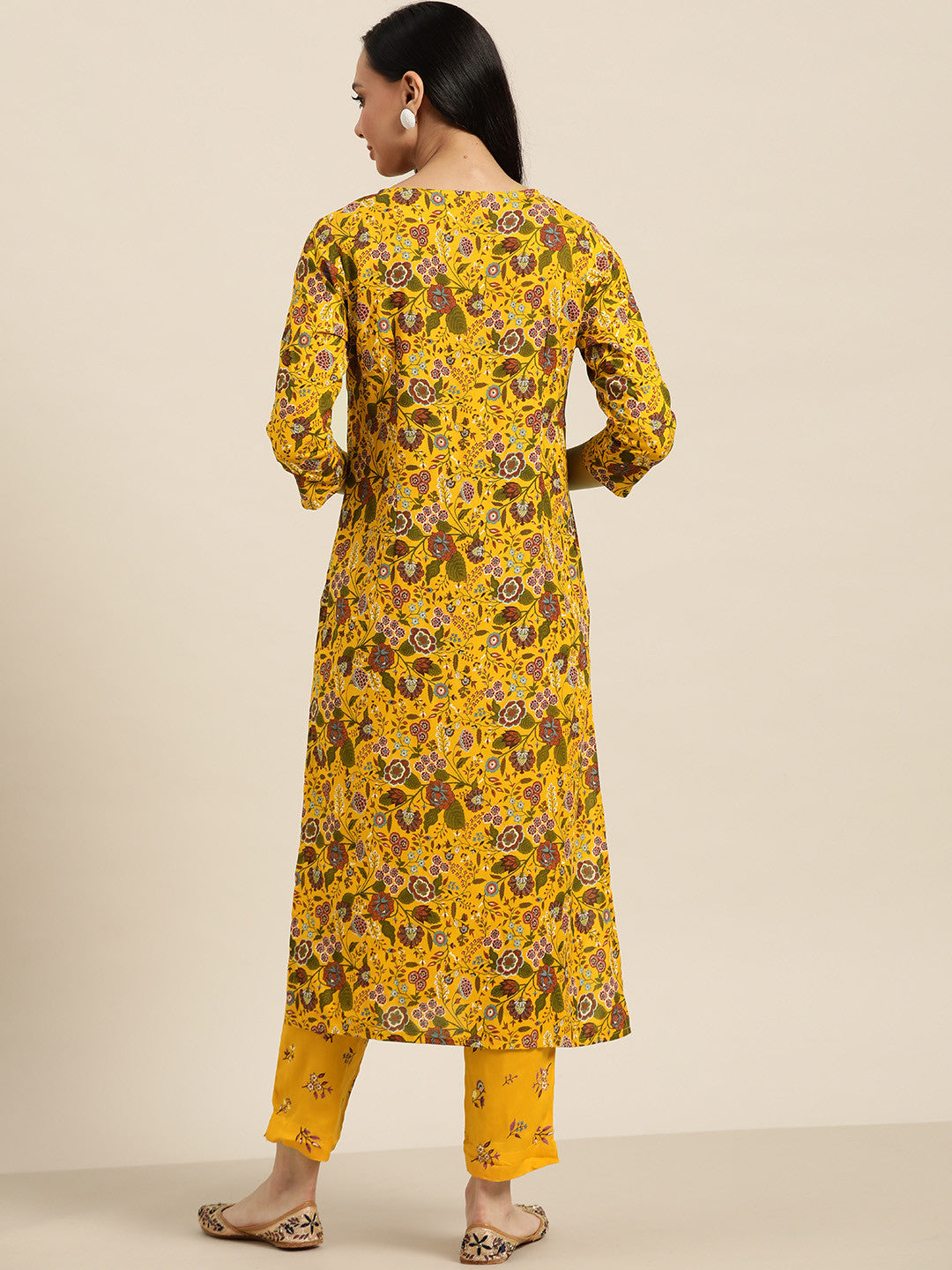Women Mustard Yellow & Maroon Motifs Print Straight Kurta with Trousers