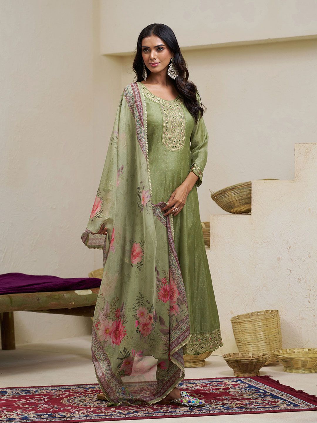 Dhiyona CH Women Ethnic Motifs Embroidered Mirror Work Kurta with Trousers & Dupatta