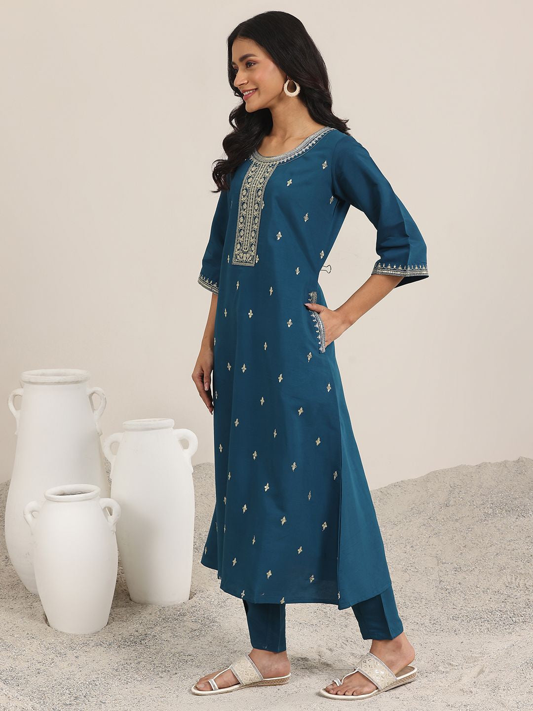 Blue Round Neck Floral Zari Embroidered A-Line Kurta With Trouser And Dupatta