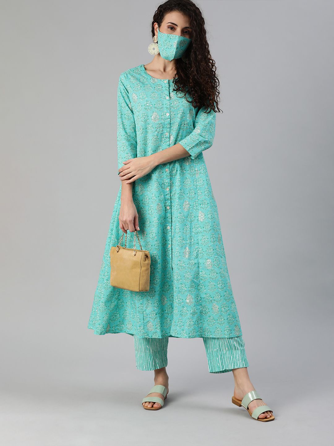 Dhiyona IS Women's Women Turquoise Blue White Printed Sequinned A-line Kurta Set