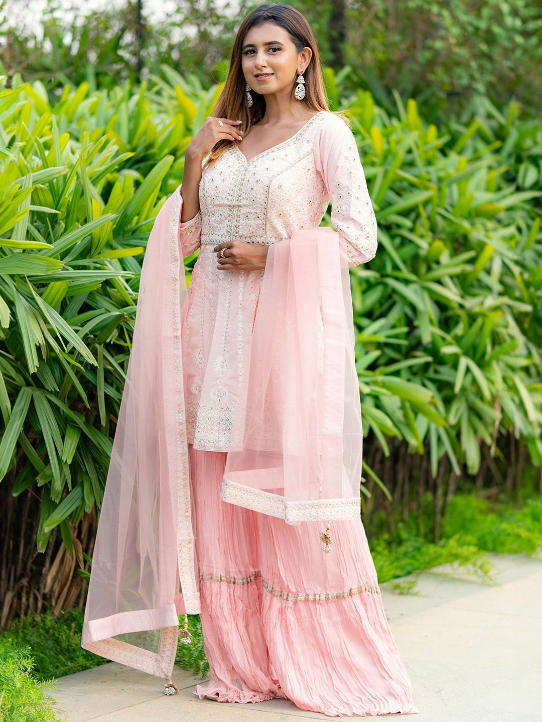 Dhiyona LL Womens Peach Embroidered A-Line Kurti With Sharara & Dupatta