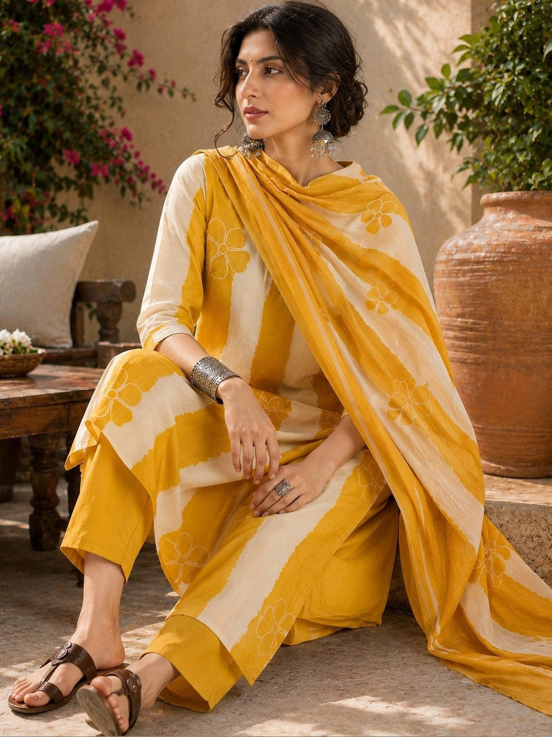 Women Floral Printed Regular Pure Cotton Kurta with Trousers & With Dupatta
