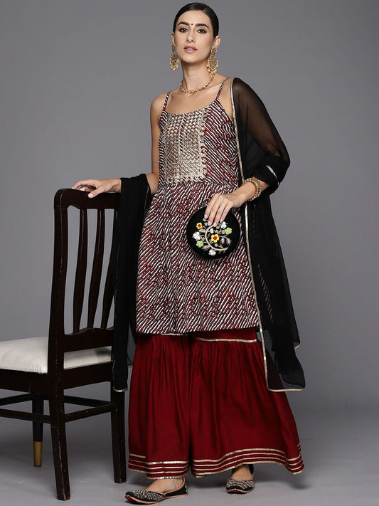 Dhiyona AN Abstract Printed Shoulder Straps Satin Kurta With Sharara & Dupatta