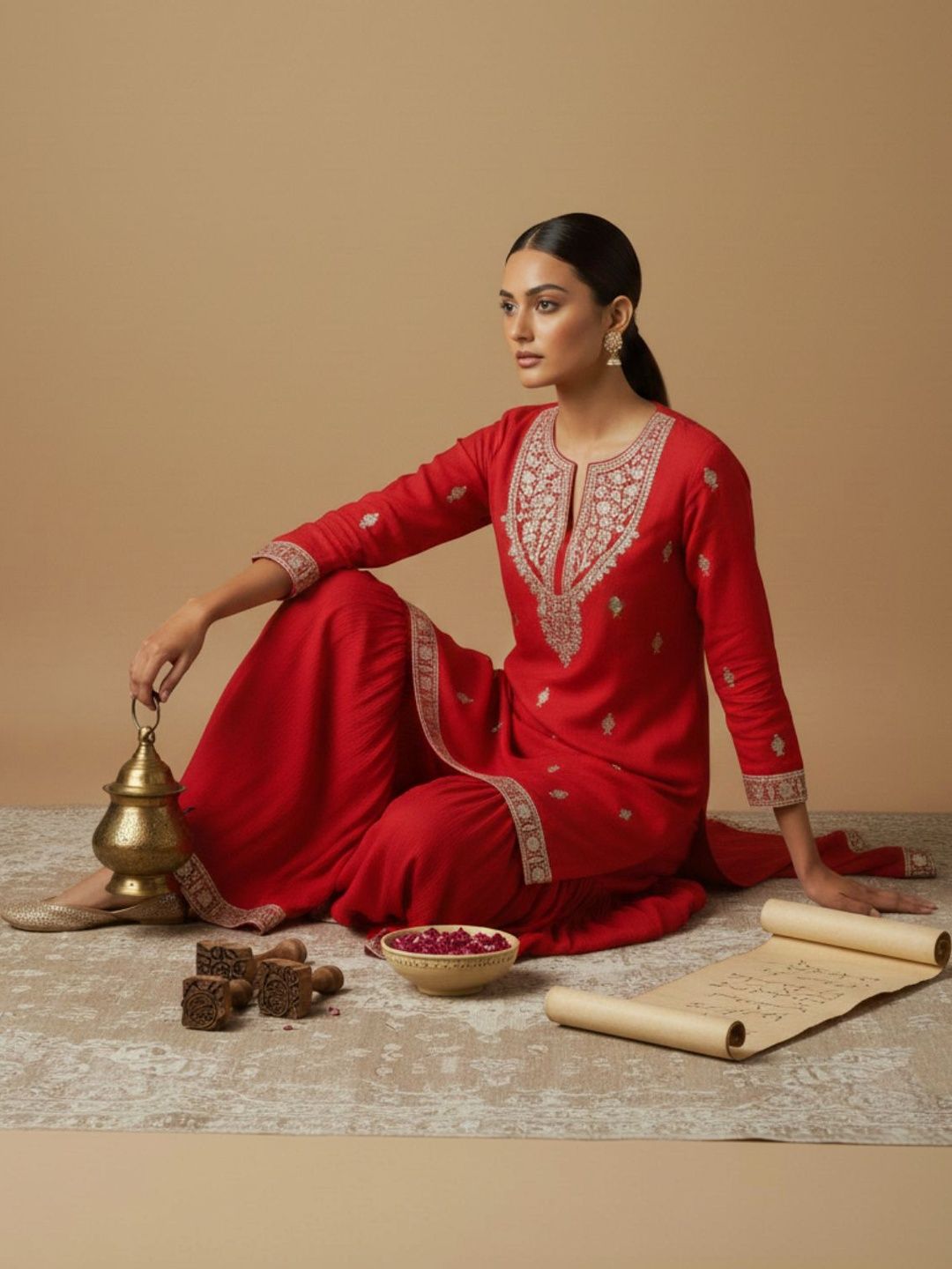 Dhiyona VA Women Ethnic Motifs Embroidered Regular Kurta with Sharara & With Dupatta