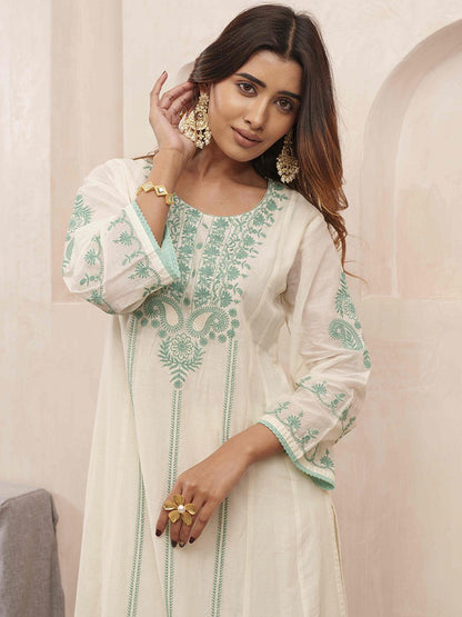 Dhiyona PD Women Floral Embroidered Pure Cotton Kurta & Trousers With Dupatta