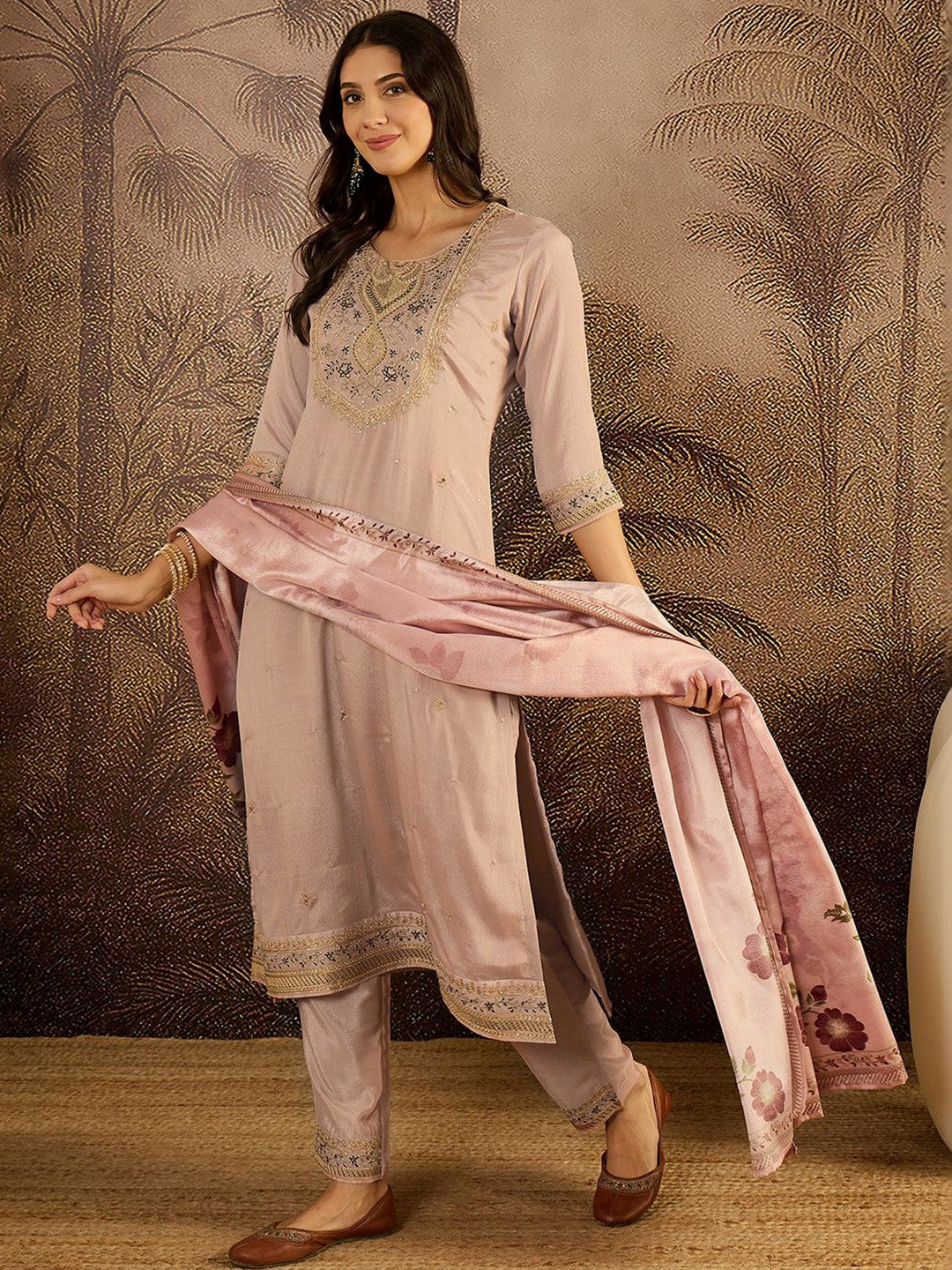 Embroidered Round Neck Straight Kurta & Trousers With Dupatta