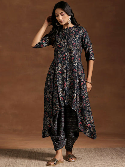 Women's LB Blue Printed Silk Blend A-line Kurta With Salwar