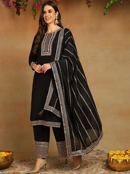 Dhiyona KL Ethnic Motifs Yoke Design Sequinned Kurta With Palazzos & Dupatta