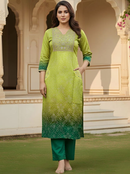 Dhiyona KL Women Ombre Dyed Regular Thread Work Kurta with Trousers & With Dupatta