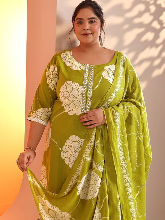 Dhiyona Women's Ethnic Motifs Printed Plus Size Kurta with Trousers & Dupatta