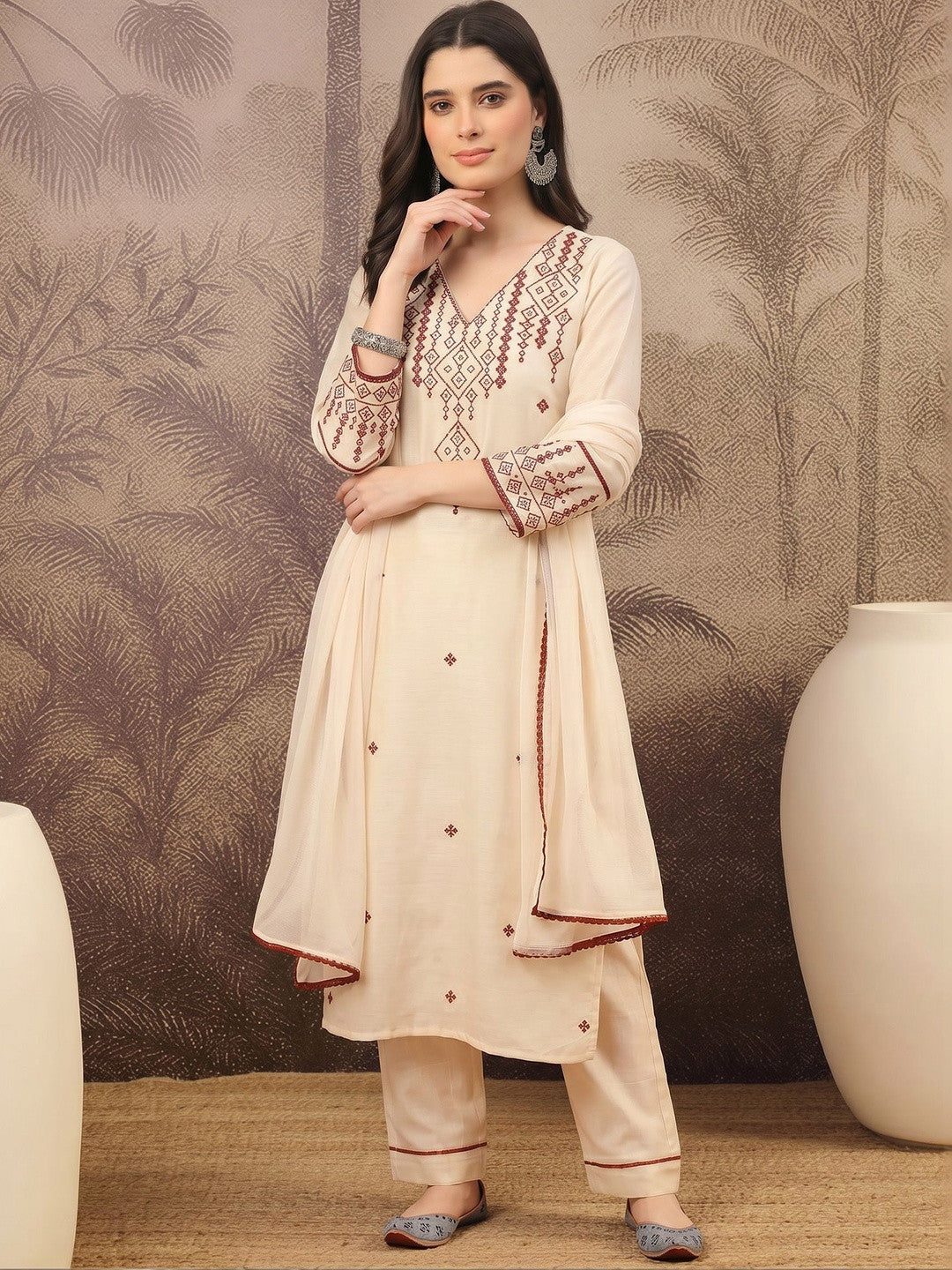 Women Embroidered Regular Pure Cotton Kurta with Trousers & With Dupatta