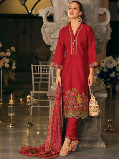 Women Floral Regular Thread Work Kurta with Trousers & With Dupatta