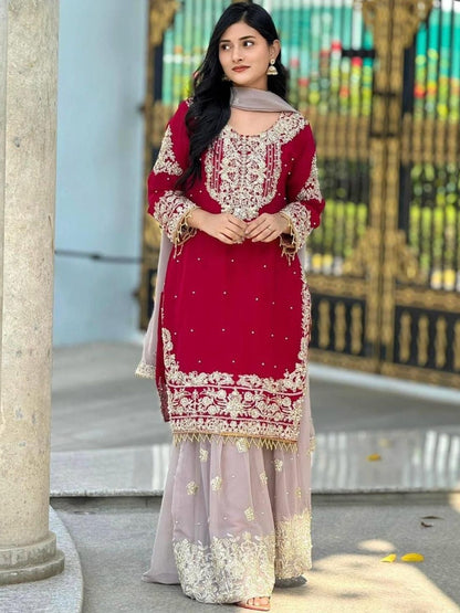 Dhiyona KL Women Embroidered Regular Sequinned Kurta with Sharara & With Dupatta