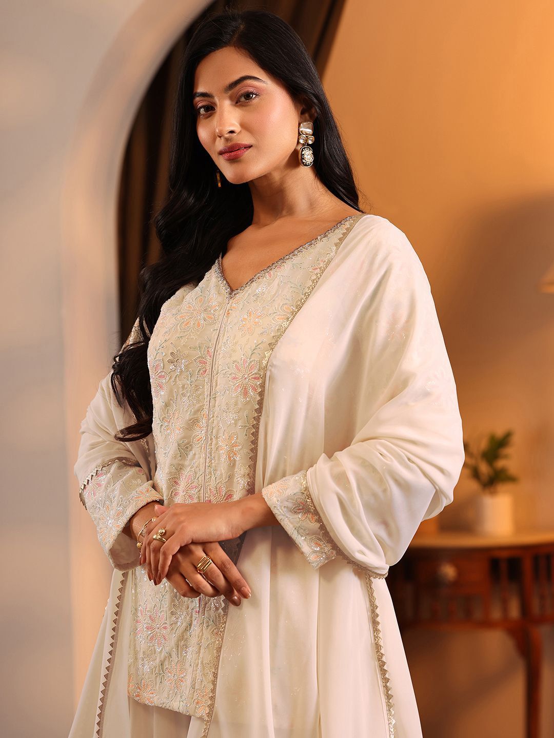 Dhiyona LL Floral Embroidered Straight Georgette Kurta With Palazzos & Dupatta
