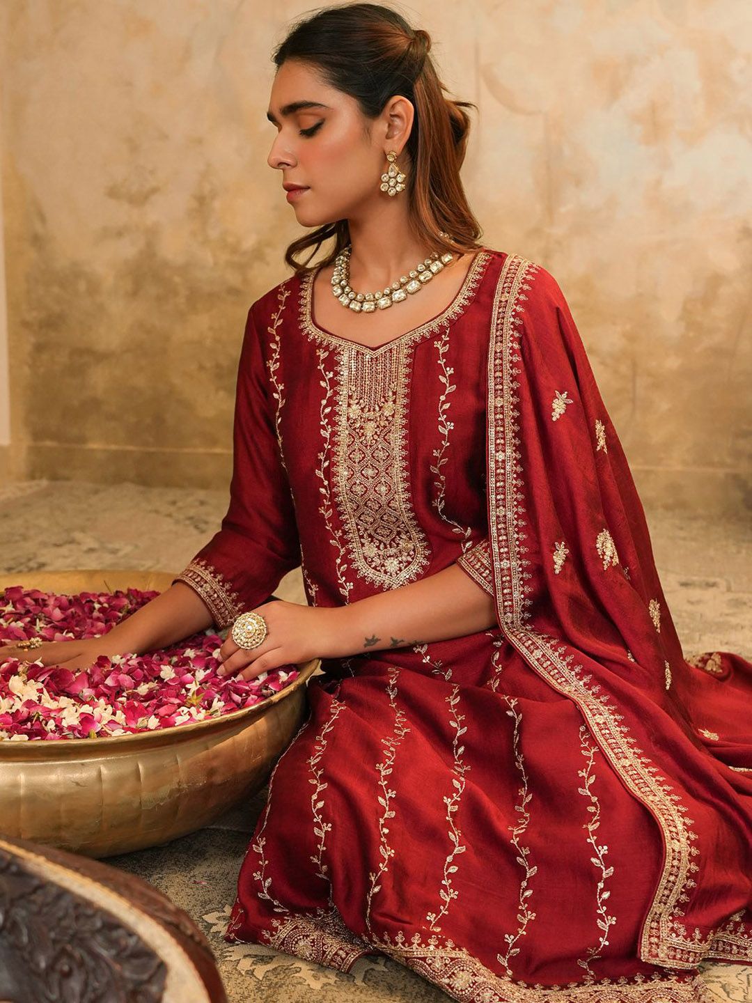 Dhiyona IE Women Ethnic Motifs Embroidered Sequinned Kurta with Trousers & Dupatta