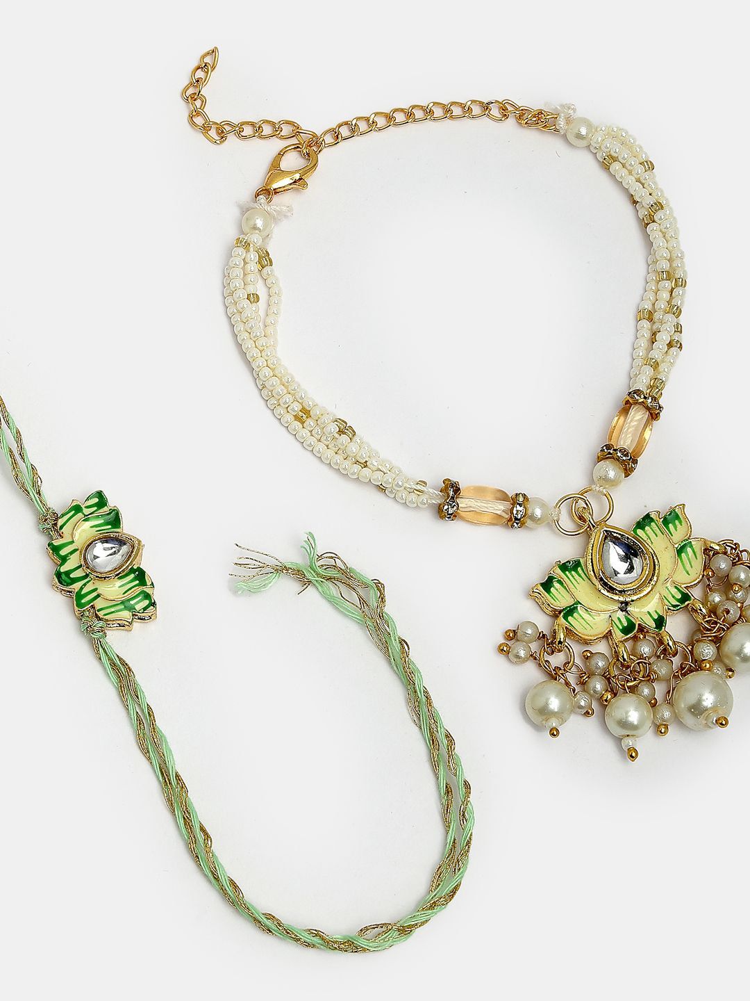 Dhiyona Unisex Set Of 2 Green Lotus Shape Kundan-Studded & Beaded Wraparound Rakhi Set