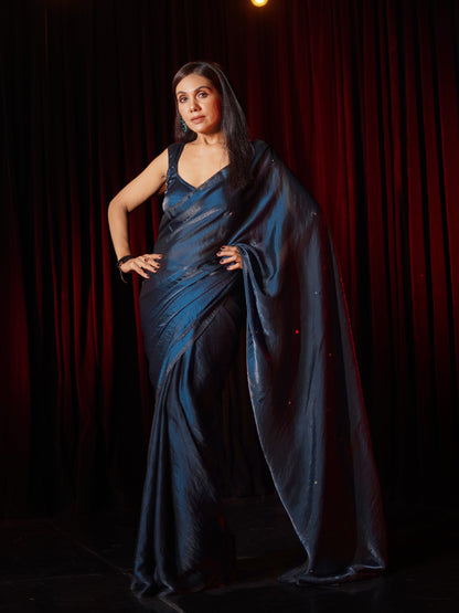 Dhiyona ST Deep Blue Metallic Satin Saree with Iridescent Sequins and Blouse Fabric