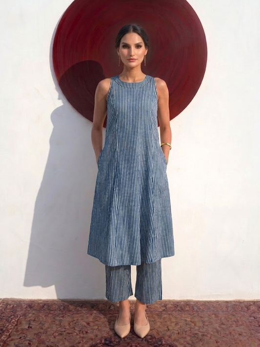 Dhiyona ST 2 pc SET - Blue and White Stripe Printed Cotton Cambric Sleeveless Kurta and Pant