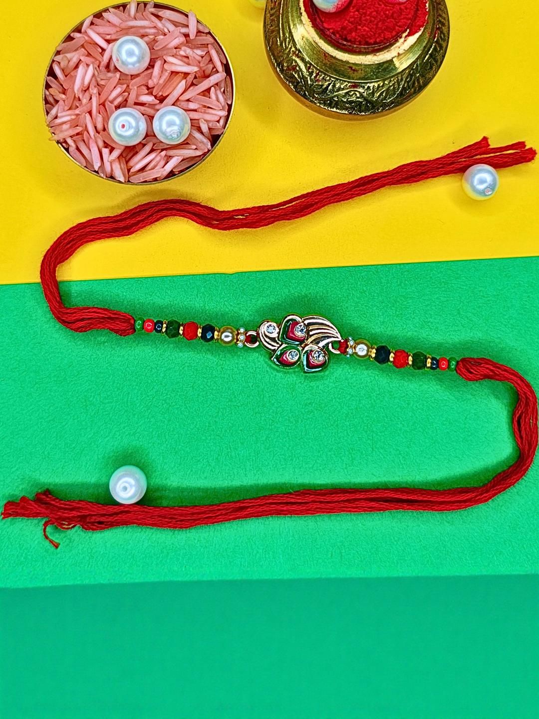 Dhiyona Set Of 6 Beaded Cotton Thread with AD Stones & Meenakari Designer Rakhi for Brother
