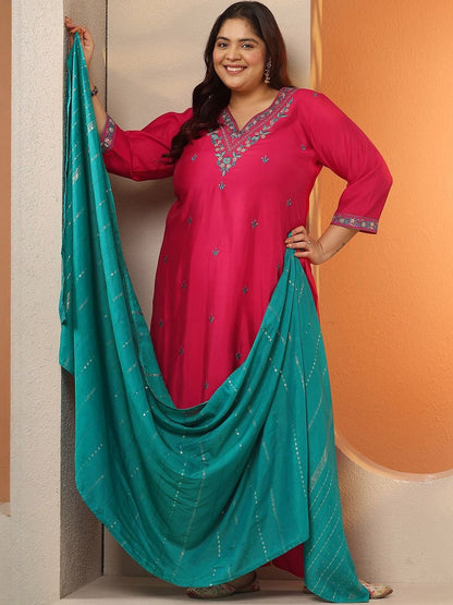 Dhiyona Women's Plus Size Embroidered V-Neck Straight Kurta With Trousers & Dupatta