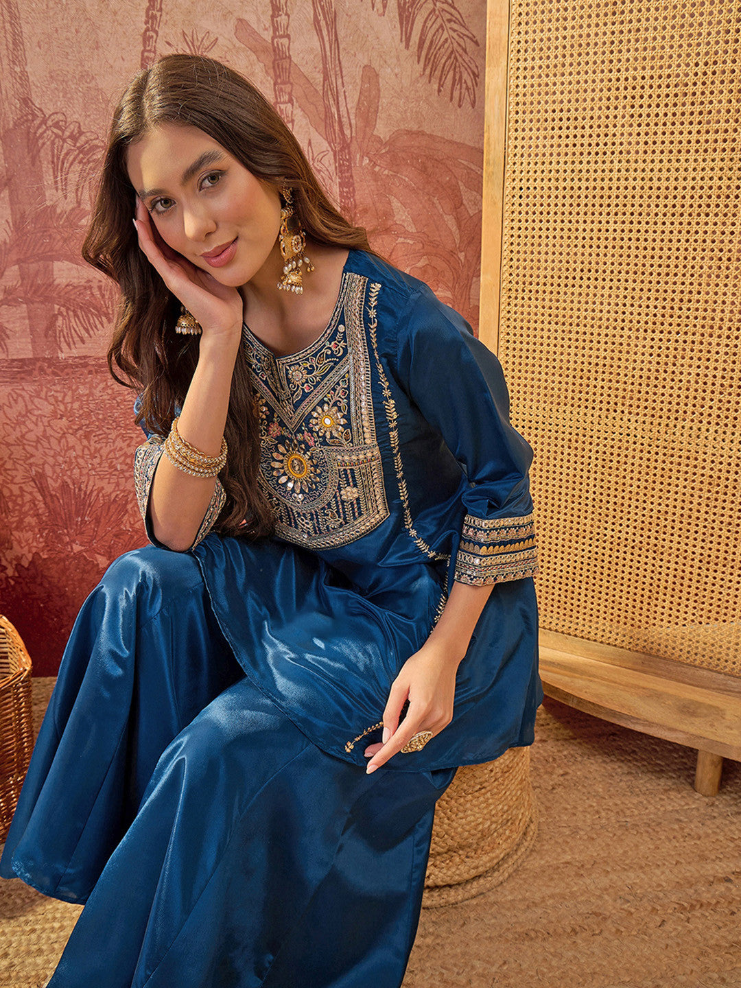 Embroidered Round Neck Kurta & Palazzos