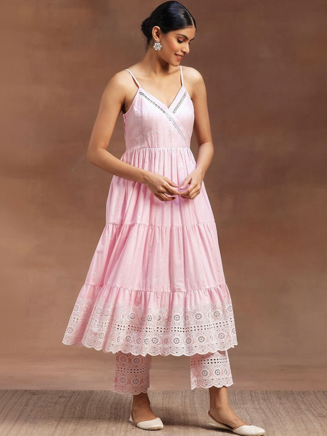 Women Ethnic Motifs Embroidered Tiered Chikankari Kurta with Trousers