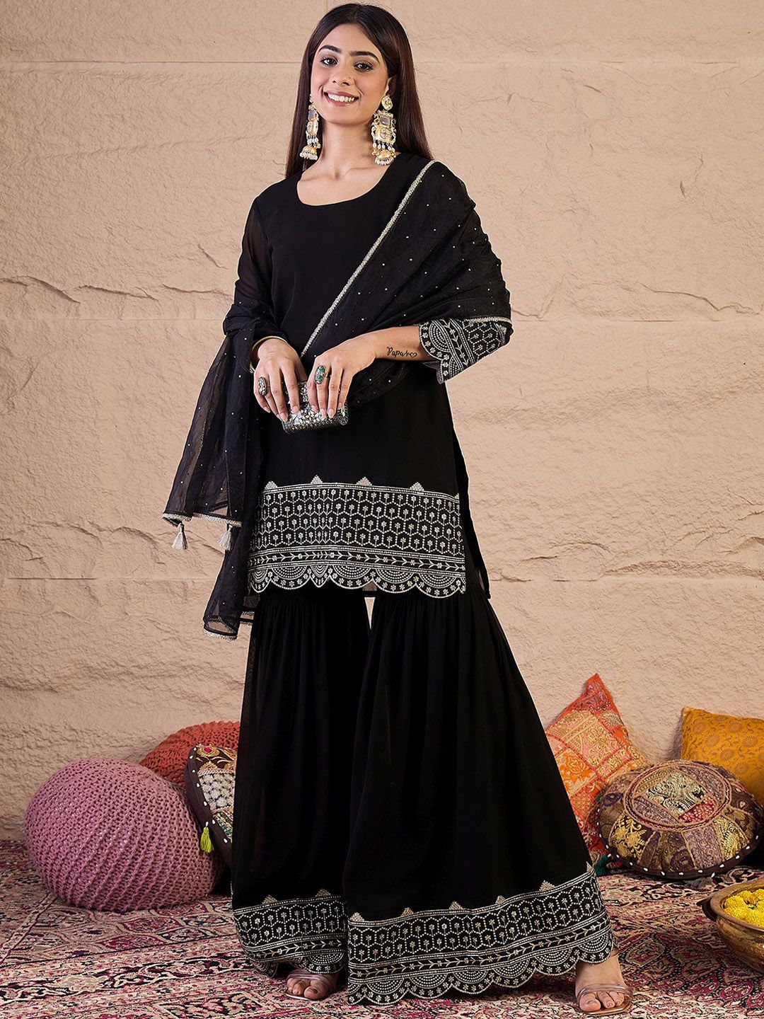 Dhiyona IN Ethnic Motifs Embroidered Straight Sequinned Kurta With Sharara & Dupatta