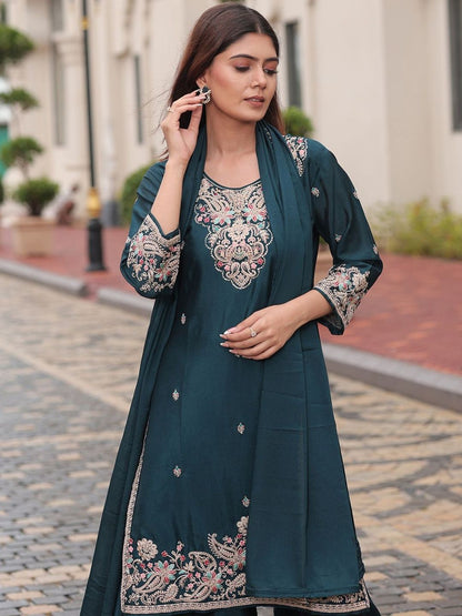 Dhiyona CH Women Ethnic Motifs Embroidered Regular Thread Work Kurta with Palazzos & With Dupatta