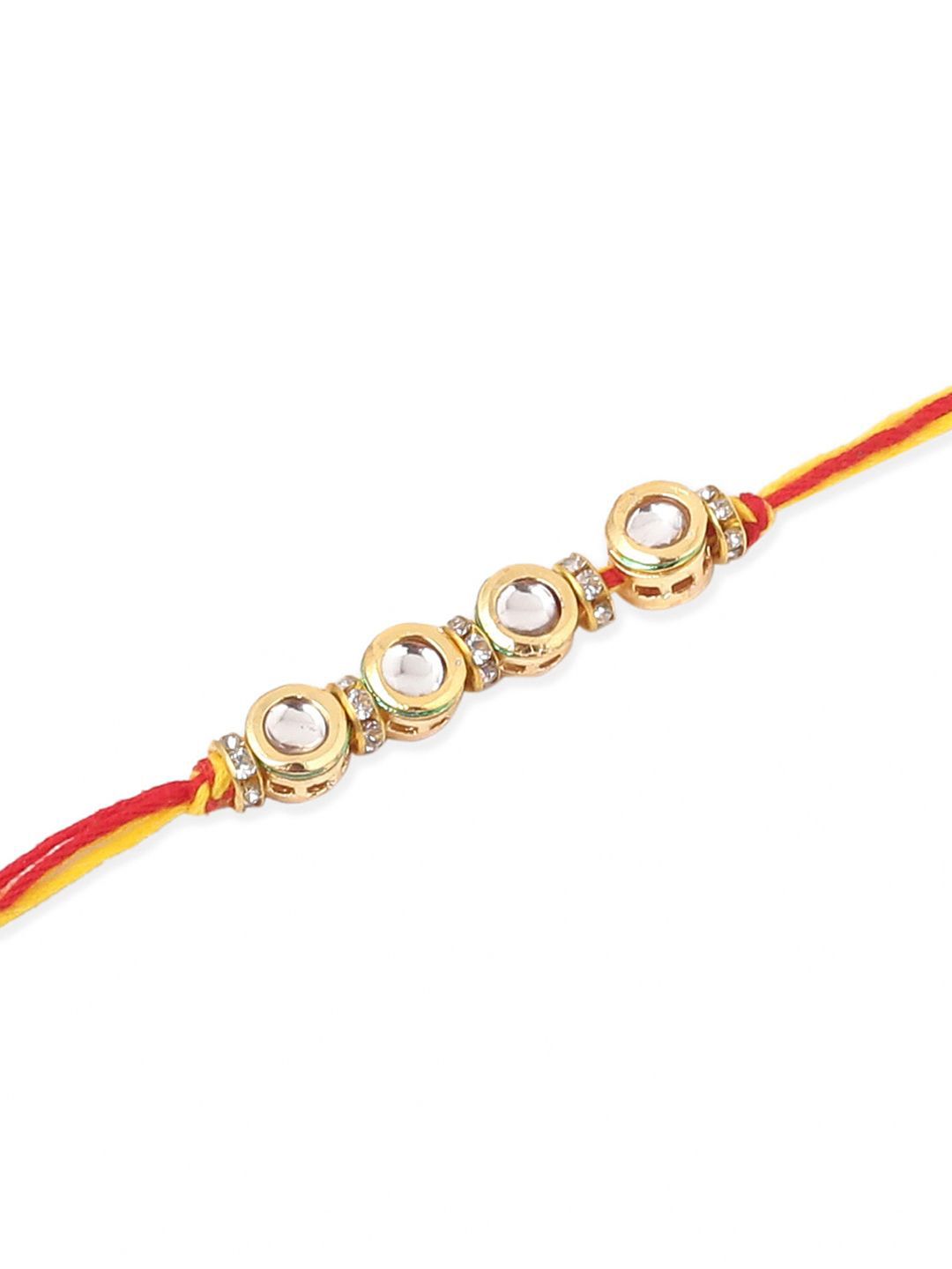 Dhiyona Men Set Of 2 Multicolor Kundan Thread Rakhi With Roli Chawal Chandan Mishri