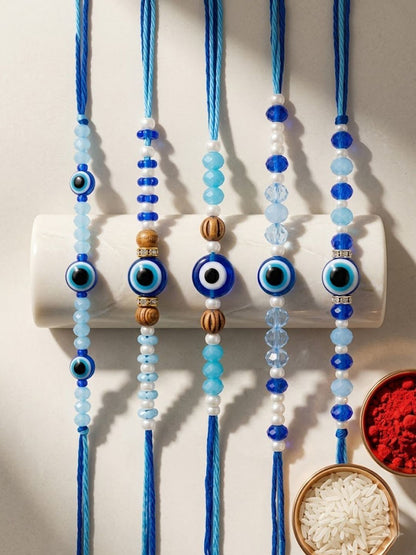 Dhiyona Set Of 5 Blue Evil Eye Thread Rakhi With Roli Chawal Chandan Mishri