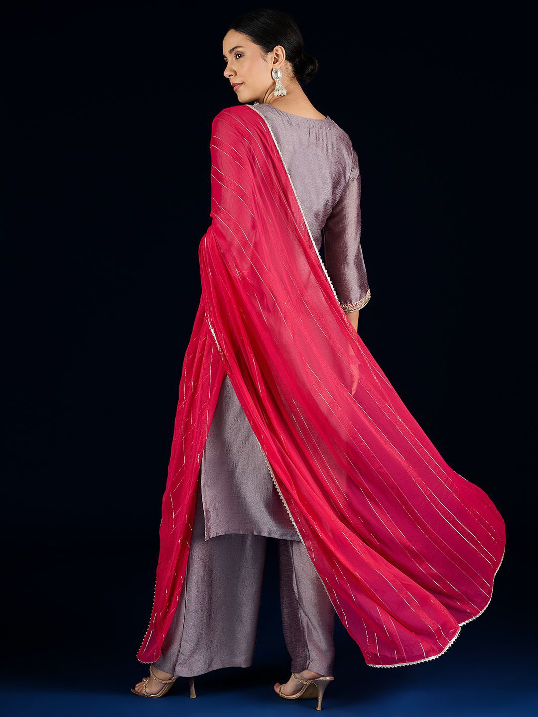 Dhiyona VA Floral Yoke Design A-Line Kurta With Palazzos & Dupatta