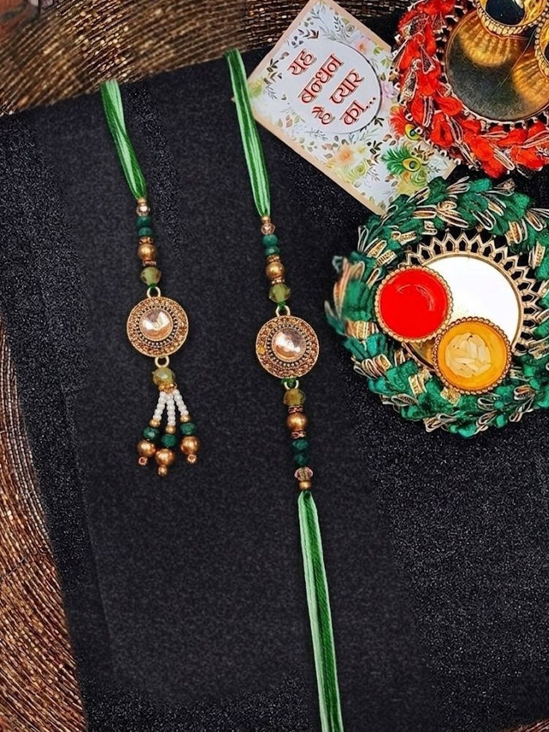 Dhiyona Set Of 2 Ad Drawstring Bhaiya Bhabhi Rakhi With Roli Chawal Chandan Mishri