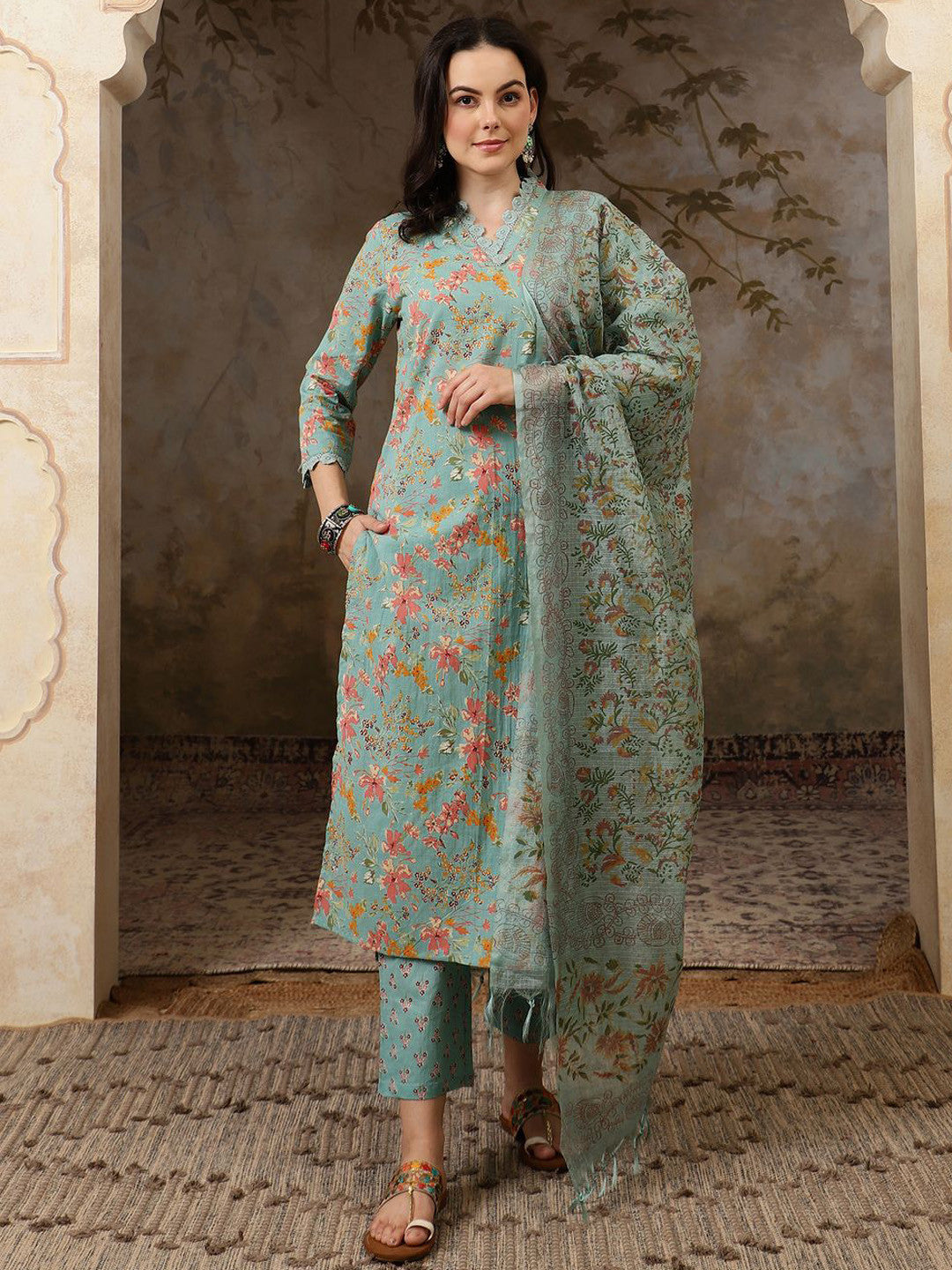 Floral Printed Pure Cotton Straght Kurta & Trouser With Dupatta