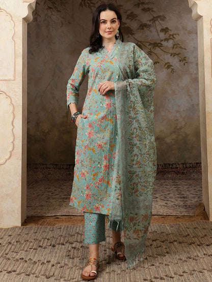 Floral Printed Pure Cotton Straght Kurta & Trouser With Dupatta