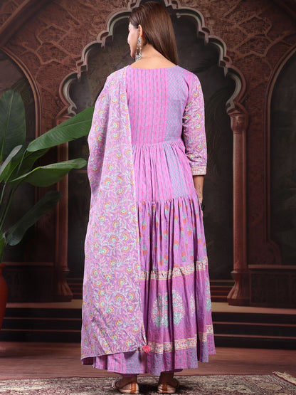 Floral Embroidered V-Neck Pure Cotton Anarkali Kurta & Trousers With Dupatta
