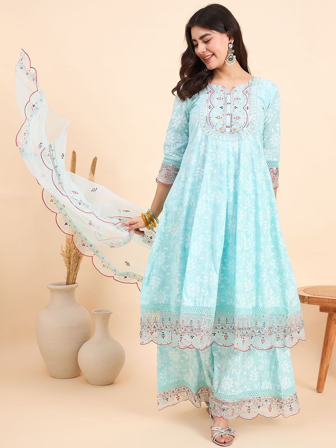 Dhiyona AN Floral Printed Notch Neck Pure Cotton Kurta With Sharara & Dupatta
