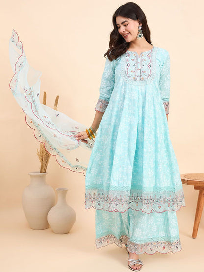 Dhiyona AN Floral Printed Notch Neck Pure Cotton Kurta With Sharara & Dupatta
