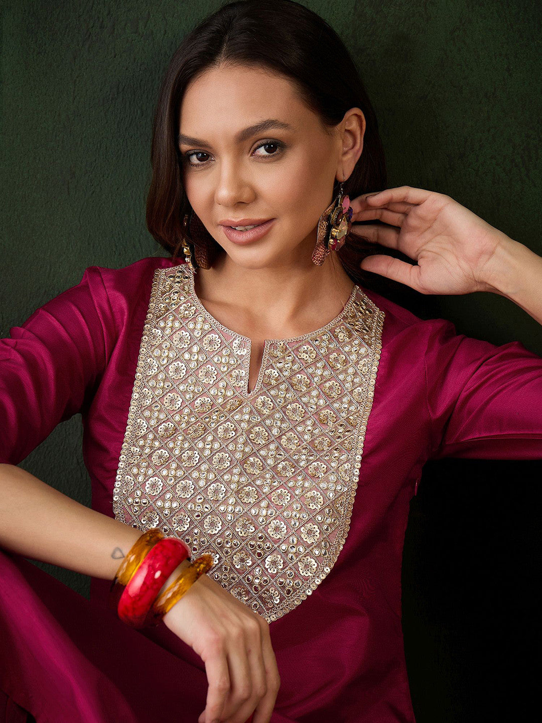 Ethnic Motifs Yoke Design Sequinned Straight Kurta With Trouser