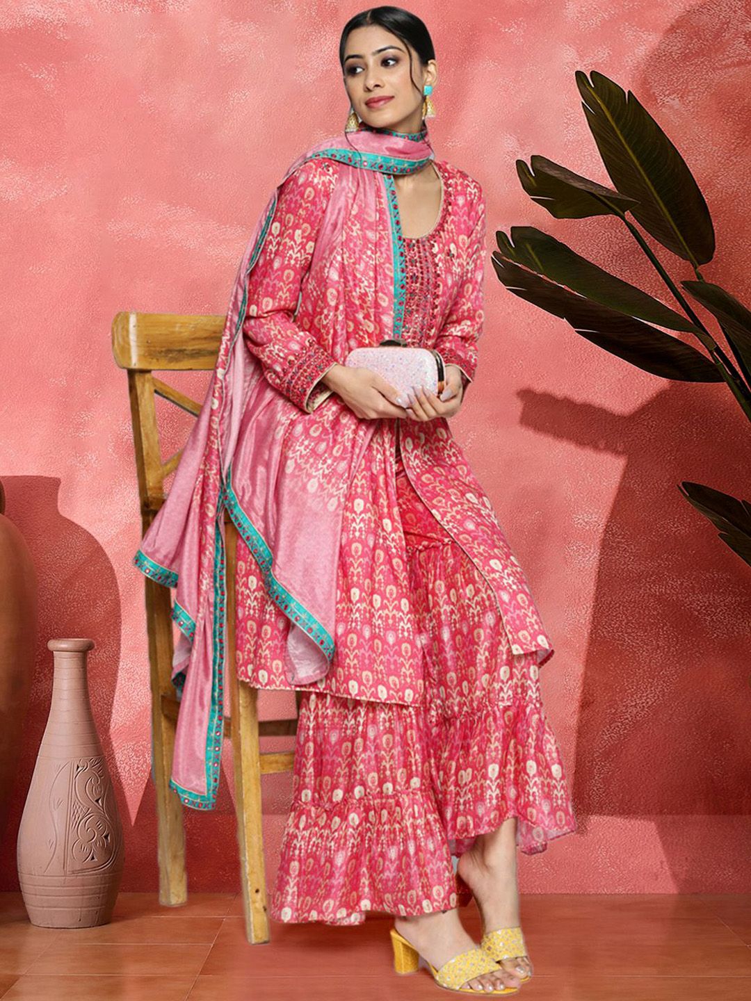 Dhiyona SN Floral Printed Mirror Work Flared Kurta With Sharara And Dupatta