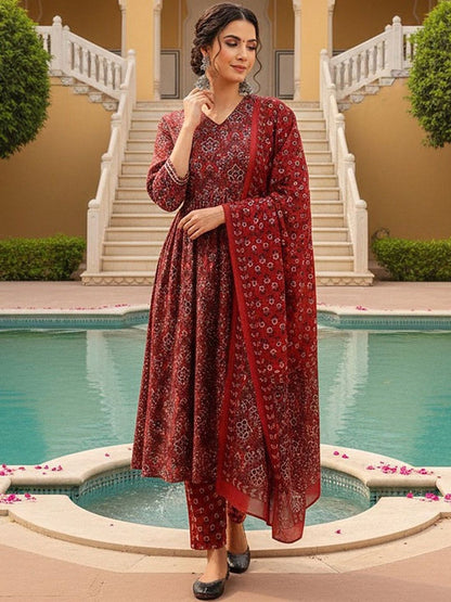 Dhiyona KL Ethnic Motifs Printed Pleated Kurta with Trousers & Dupatta