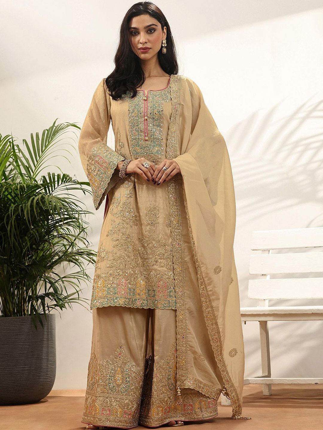 Dhiyona LL Women Ethnic Motifs Embroidered Regular Kurta with Palazzos & With Dupatta