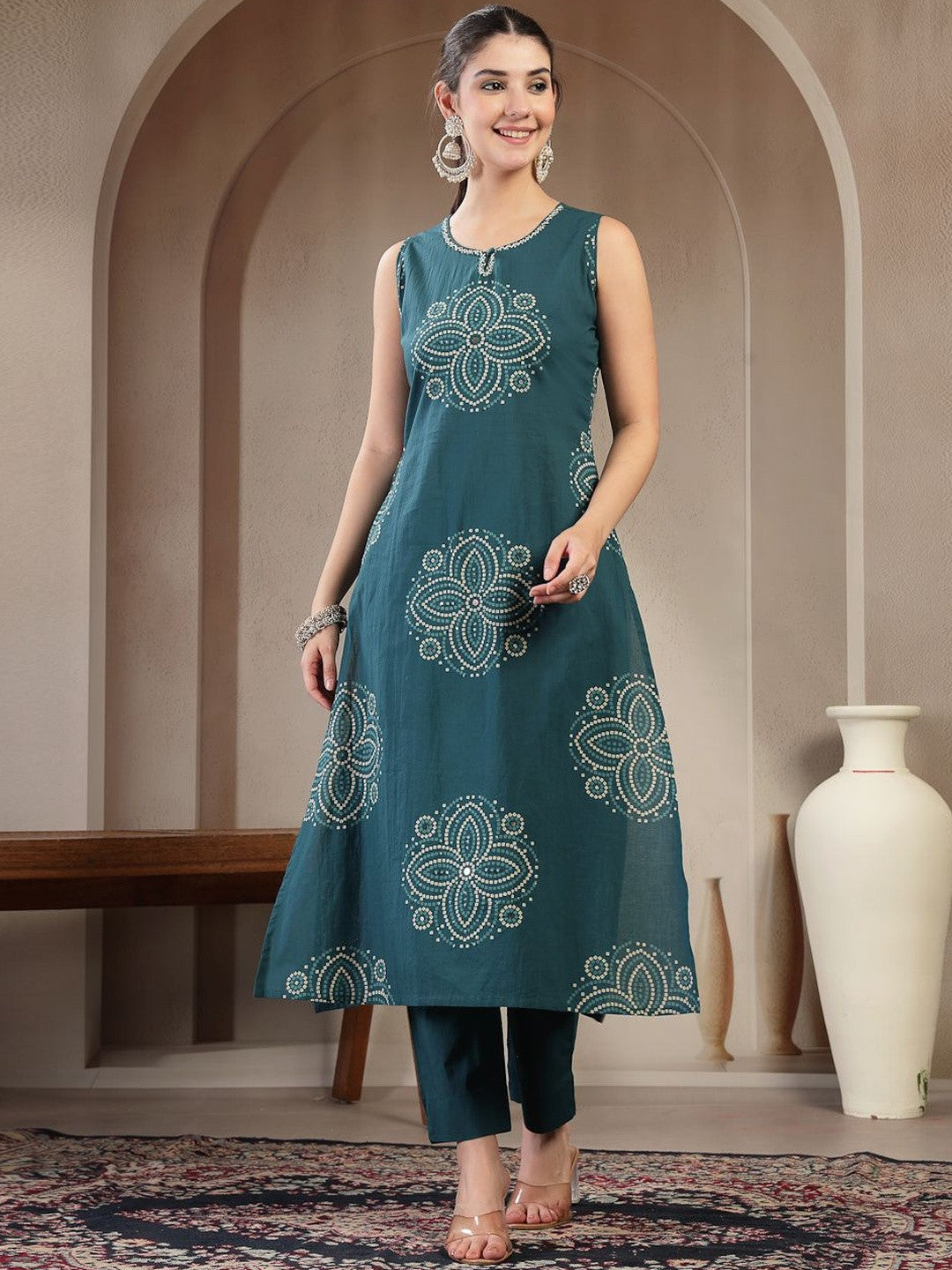 Printed Pure Cotton Round Neck Kurta & Trousers Kurta Set