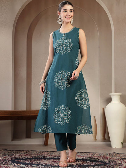 Printed Pure Cotton Round Neck Kurta & Trousers Kurta Set