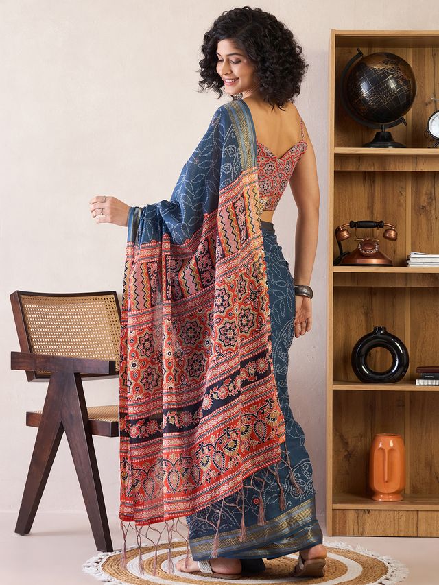 Women's Cotton Navy Blue Printed Ready to Wear With Blouse Piece