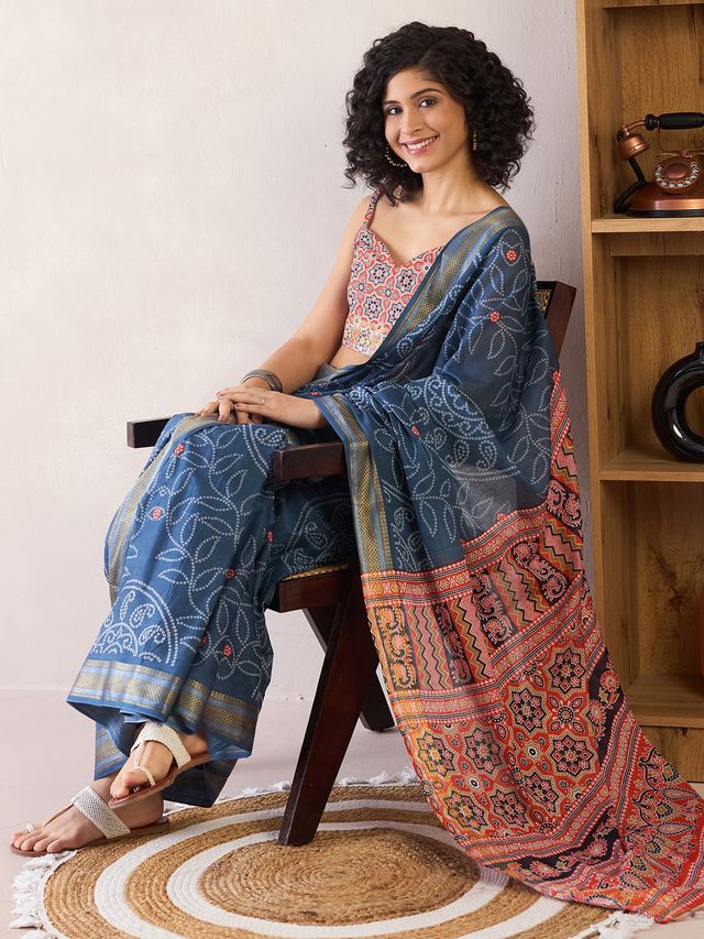 Women's Cotton Navy Blue Printed Ready to Wear With Blouse Piece