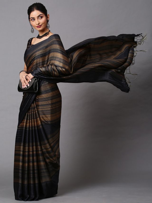 Women's Poly Georgette Black Solid Designer Saree With Blouse Piece