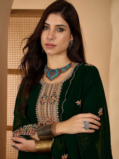 Dhiyona SN Women Zari Sequence Thread Embroidered Kurta & Sharara With Dupatta