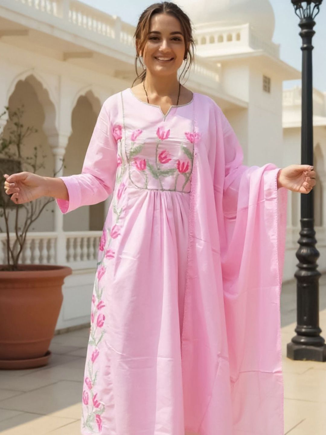 Dhiyona IE Floral Embroidered Thread Work Pure Cotton A Line Kurta With Trousers & Dupatta