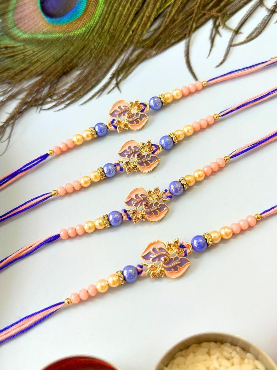 Dhiyona 4pcs Purple Stone Beaded Thread Rakhi