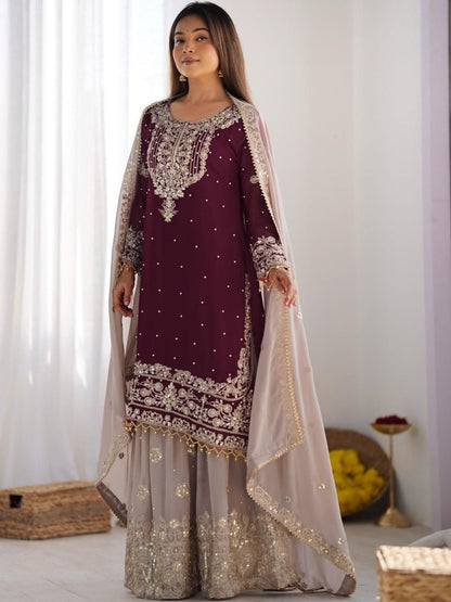 Dhiyona KL Women Embroidered Regular Sequinned Kurta with Sharara & With Dupatta